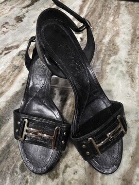 Ferragamo Black Leather Silver Gancini Slingback Sandals 9.5B